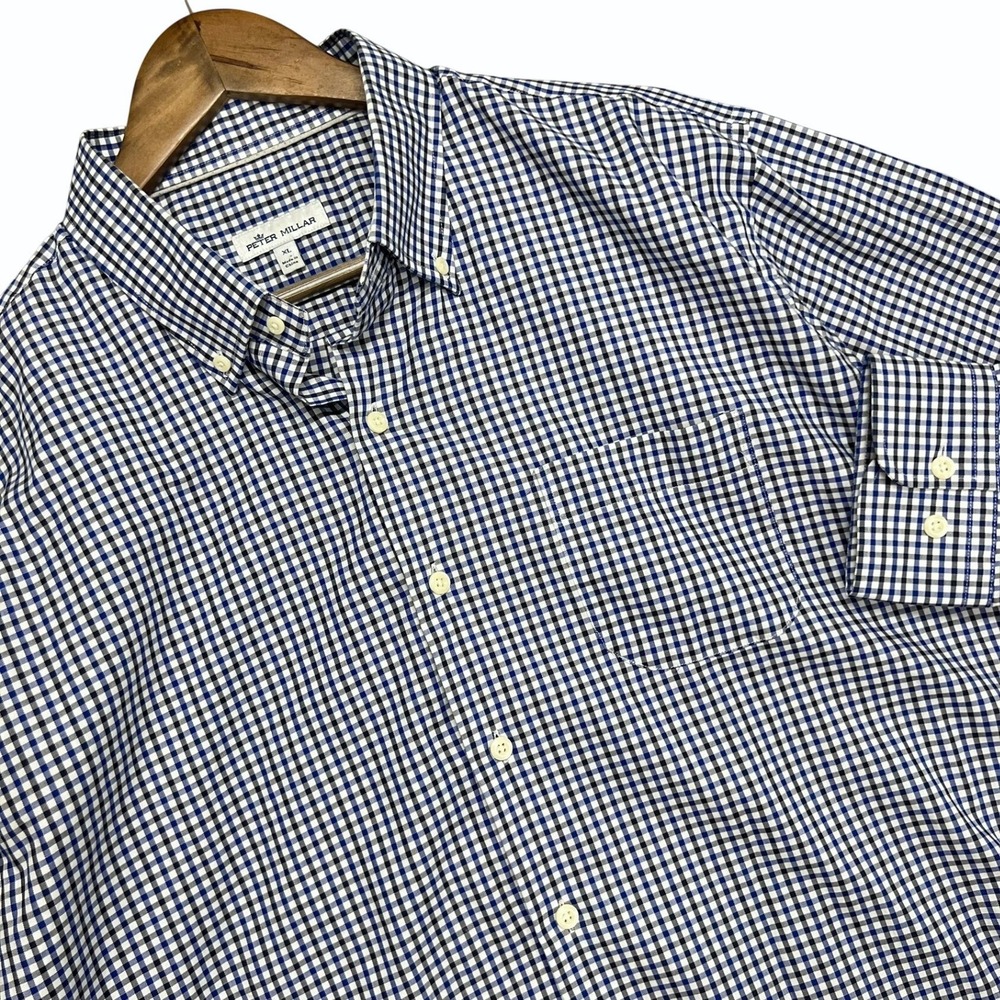 Peter Millar Mens XL Blue Gingham Check Cotton Button Down Shirt Long Sleeve EUC
